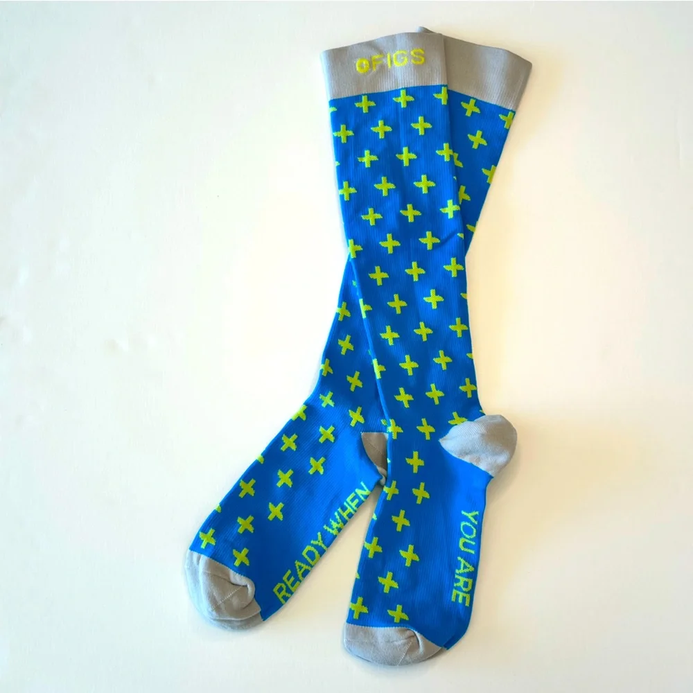 FIGS New READY WHEN YOU ARE Compression Socks Small Aqua Blue Yellow Grey